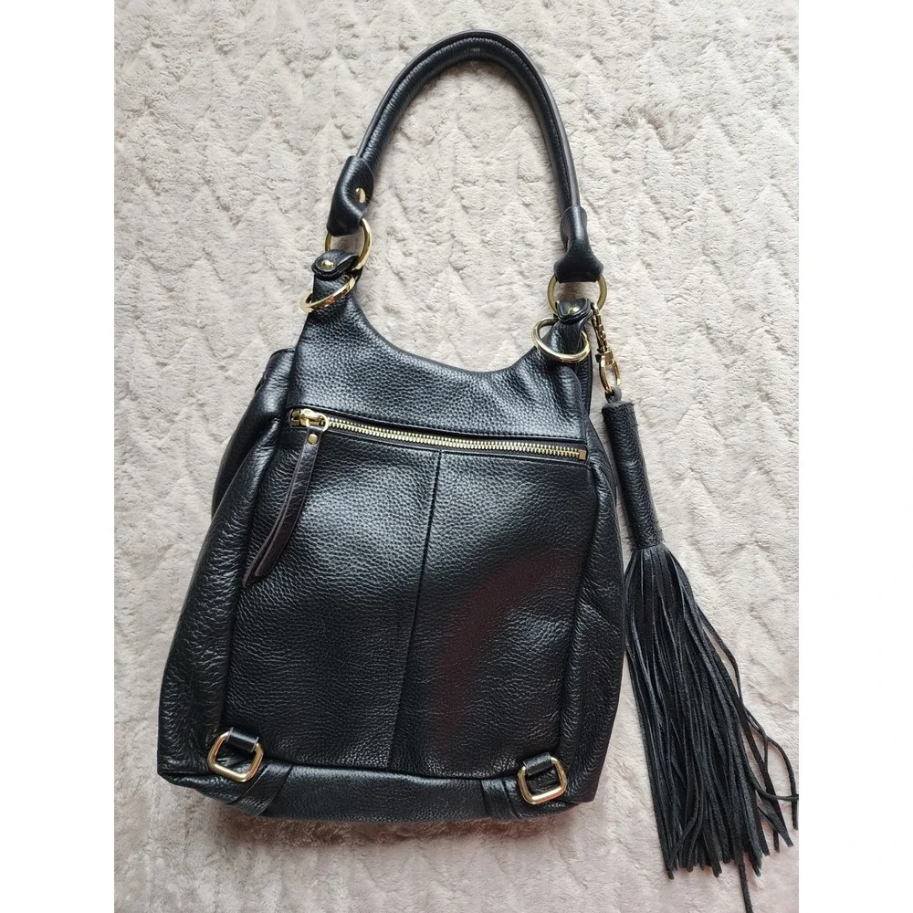 Gili Black Pebbled Leather Shoulder Bag Gold Stirrup Tassel Purse